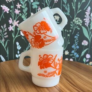 VINTAGE Anchor Hocking Fire-King stacking coffee mugs orange flower pattern 60s